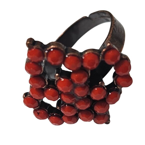 Vintage Red Beaded Ring Copper Tone Adjustable Geometric Design Retro Fashion - Picture 2 of 4